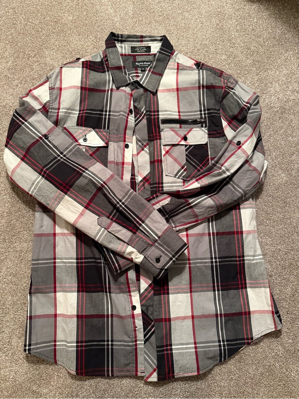 Eighty Eight Men's Black, Gray & Red Plaid Button-Down Shirt 100% Cotton